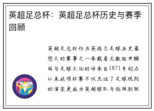 英超足总杯：英超足总杯历史与赛季回顾