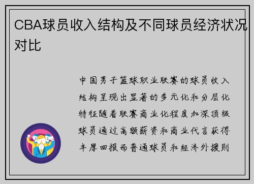 CBA球员收入结构及不同球员经济状况对比